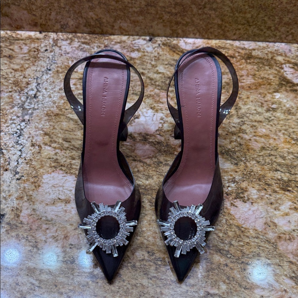 Amina Muaddi Black Heels with Crystal Accents